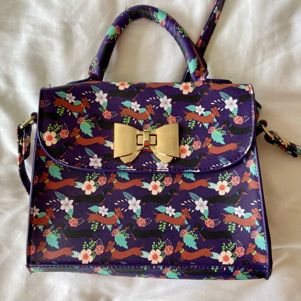 Lindy Bop “Bessa” Purse in Purple Dachshund Print